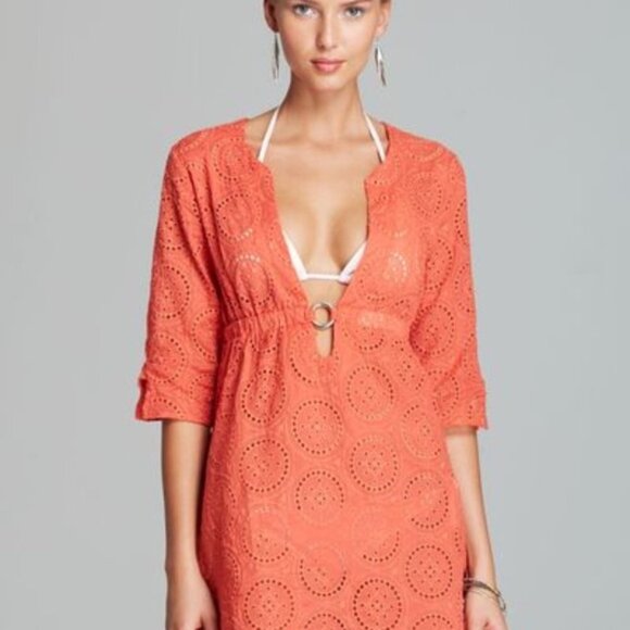 NWT! ECHO Eyelet Cover-up Tunic Dress Deep V Low Neck & O-Ring M White Coverup - Picture 11 of 11